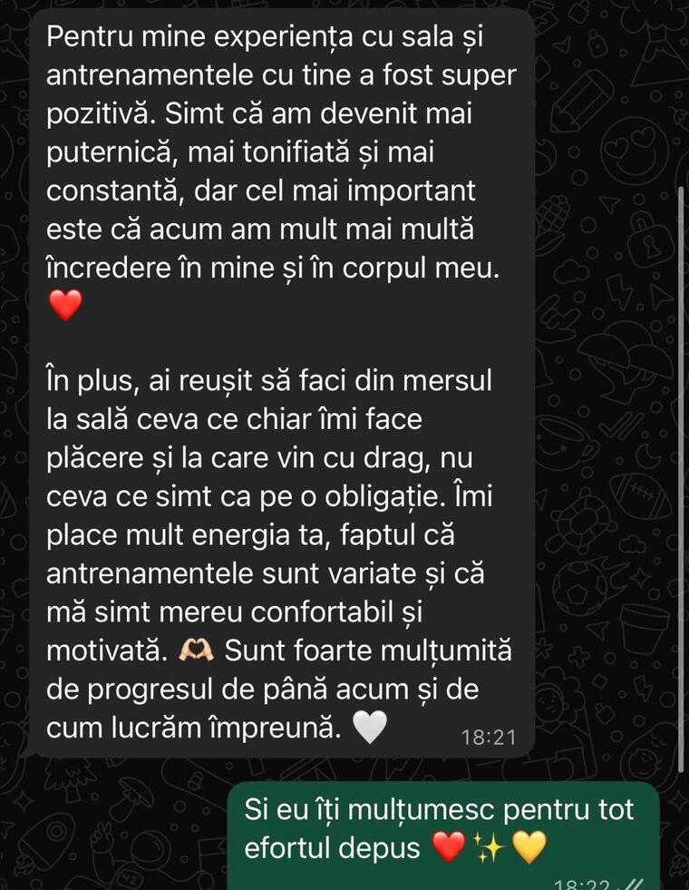 Mesaj WhatsApp de la o clientă Reshape despre experiența cu antrenamentele