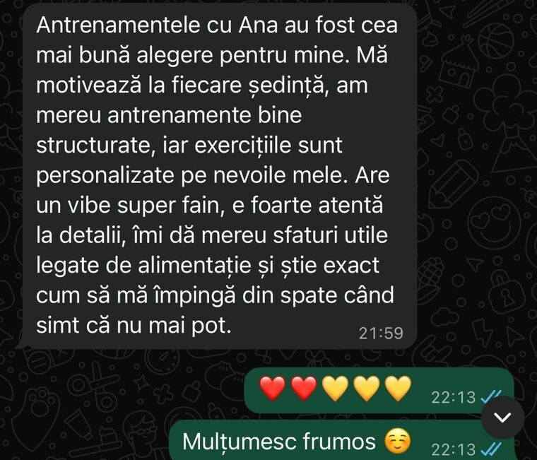 Mesaj WhatsApp de la o clientă Reshape despre antrenamentele personalizate