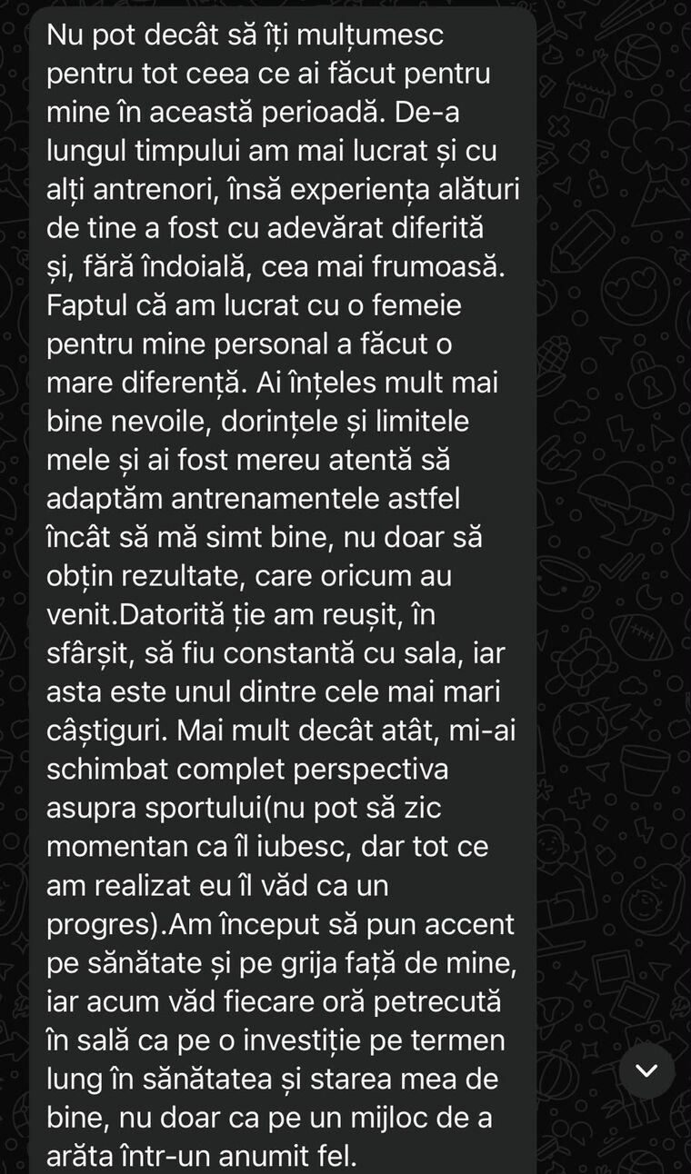 Mesaj WhatsApp de la o clientă Reshape despre constanță și perspectiva asupra sportului