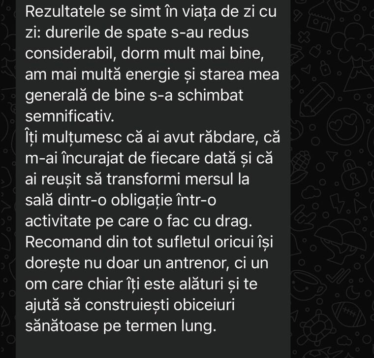 Mesaj WhatsApp de la o clientă Reshape despre rezultatele simțite în viața de zi cu zi
