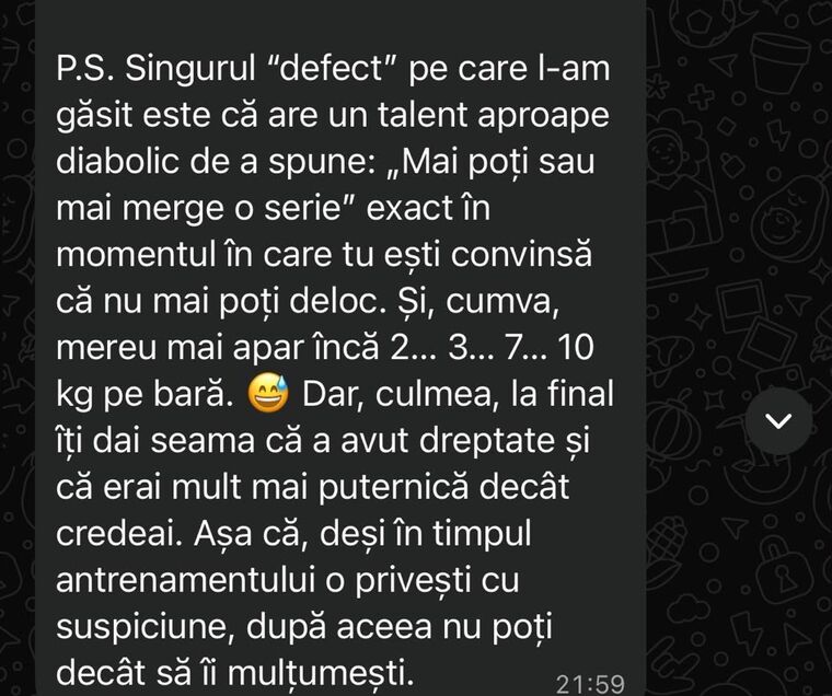 Mesaj WhatsApp de la o clientă Reshape despre antrenamentele grele și rezultatul lor